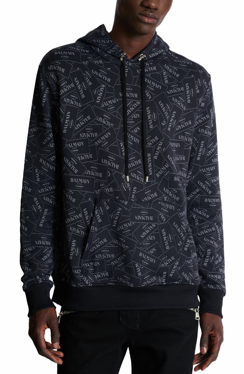 Balmain Hoodie With All-Over Balmain Label Print, Alternate, color, Black