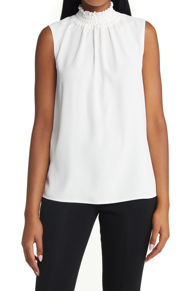 Ming Wang Smocked Mock Neck Sleeveless Blouse, Main, color, White