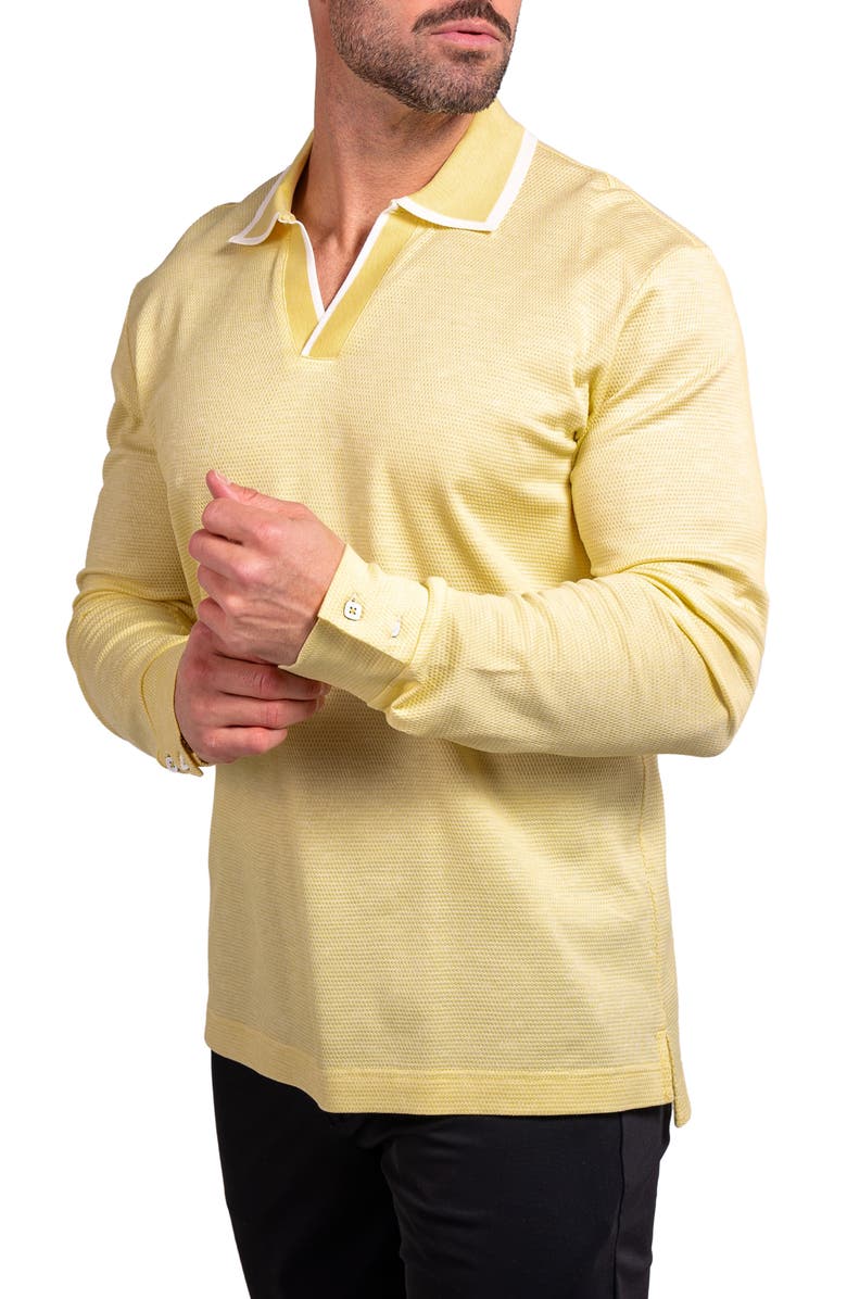 Maceoo Ascension0003 Yellow Johnny Collar Long Sleeve Textured Cotton Polo, Alternate, color, Yellow