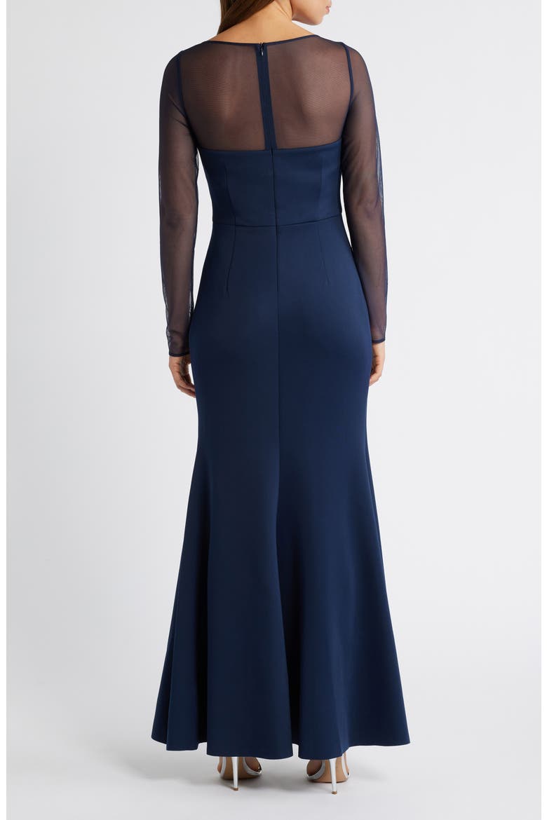 Rosette Mesh Trim Long Sleeve Gown, Alternate, color, NAVY