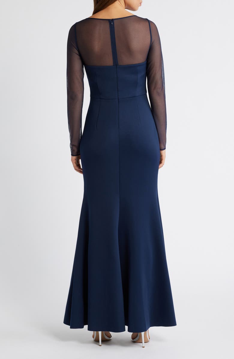 Eliza J Rosette Mesh Trim Long Sleeve Gown, Alternate, color, Navy