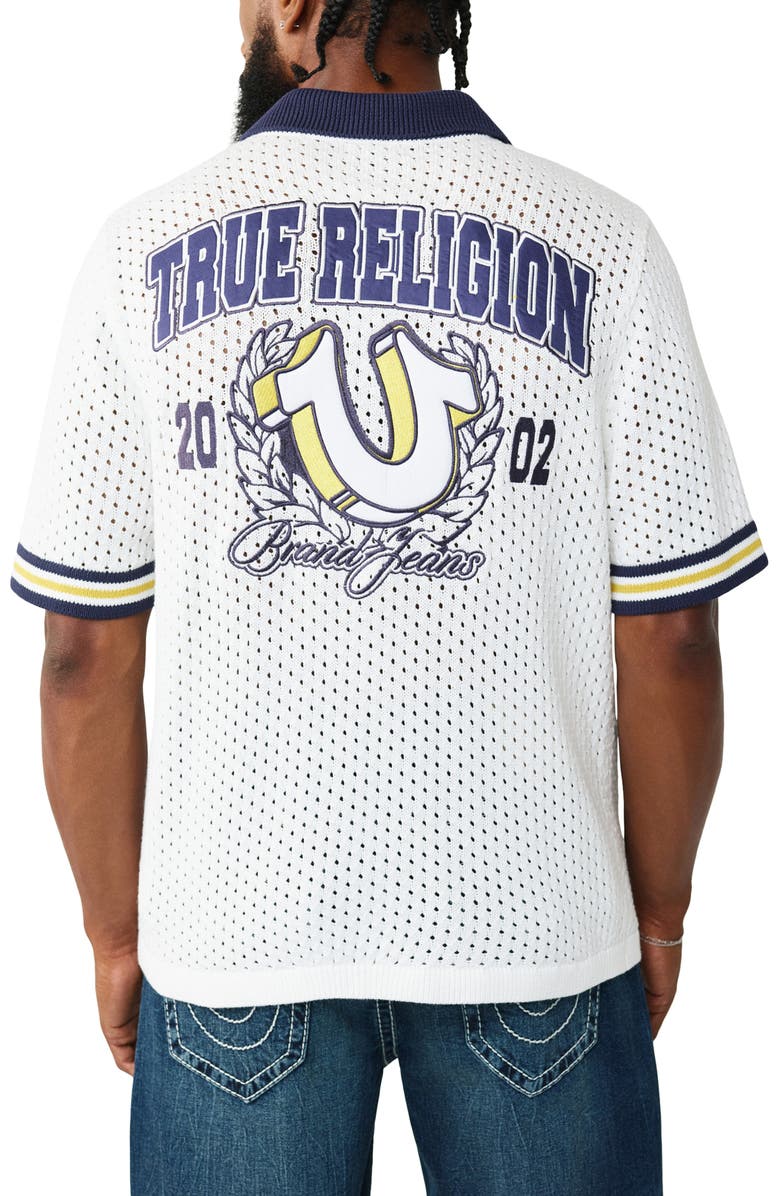 True Religion Horseshoe Crest Openwork Knit Button-Up Shirt, Alternate, color, Winter White