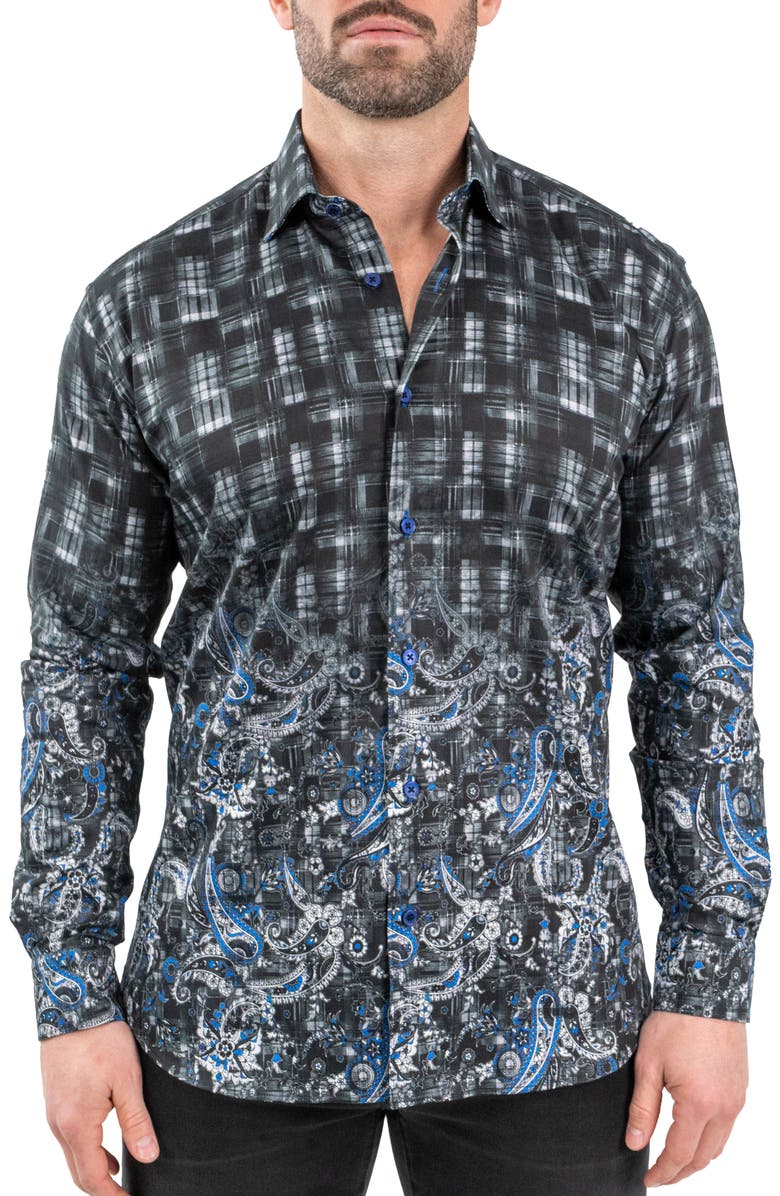 Maceoo Fibonacci Paisleyblue Black Contemporary Fit Button-Up Shirt, Main, color, 