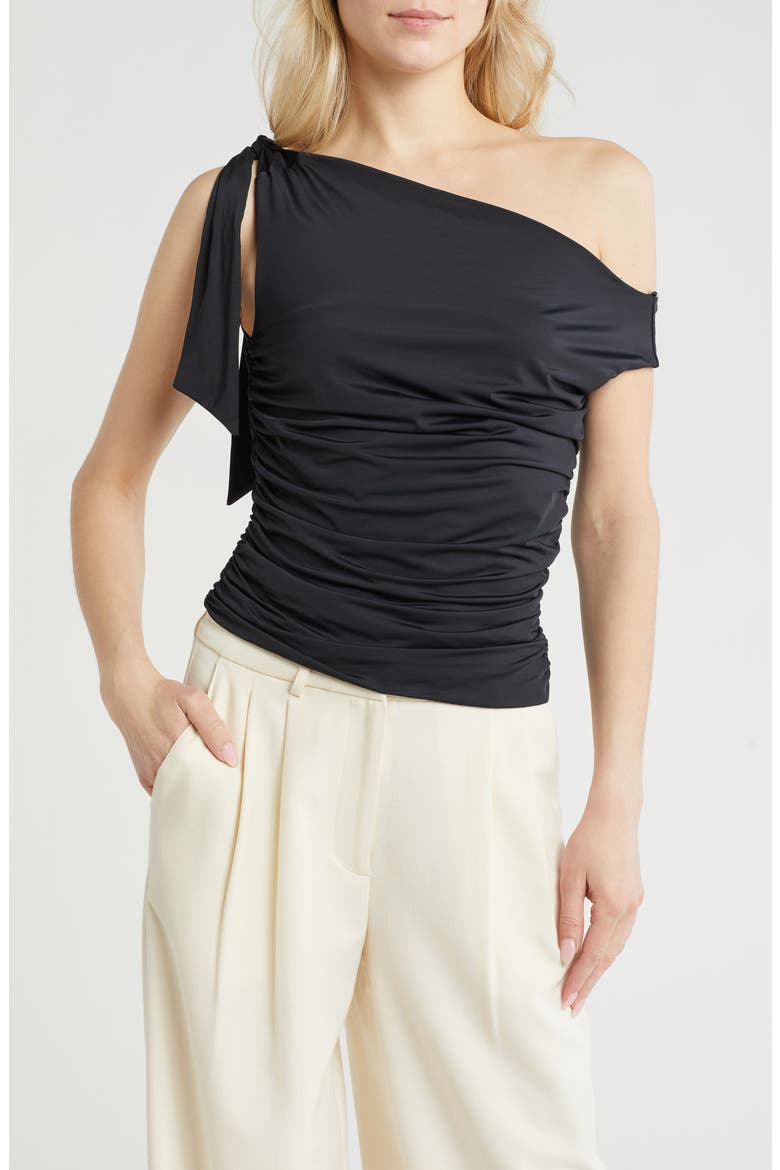 Bow One-Shoulder Ruched Top, Main, color, BLACK