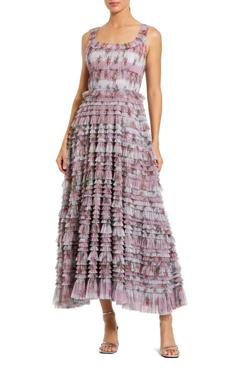 Sleeveless Floral Midi Dress with Tiered Ruffles