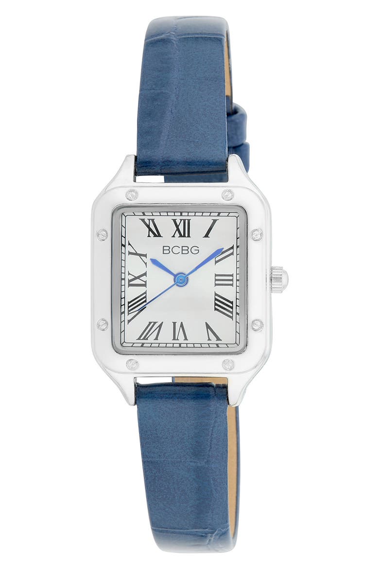 Square Face Faux Leather Strap Watch, 25mm, Main, color, BLUE