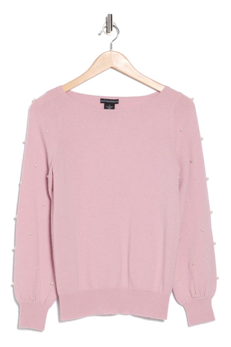 Boat Neck Pearl Sleeve Cashmere Sweater, Alternate, color, LIGHT PINK