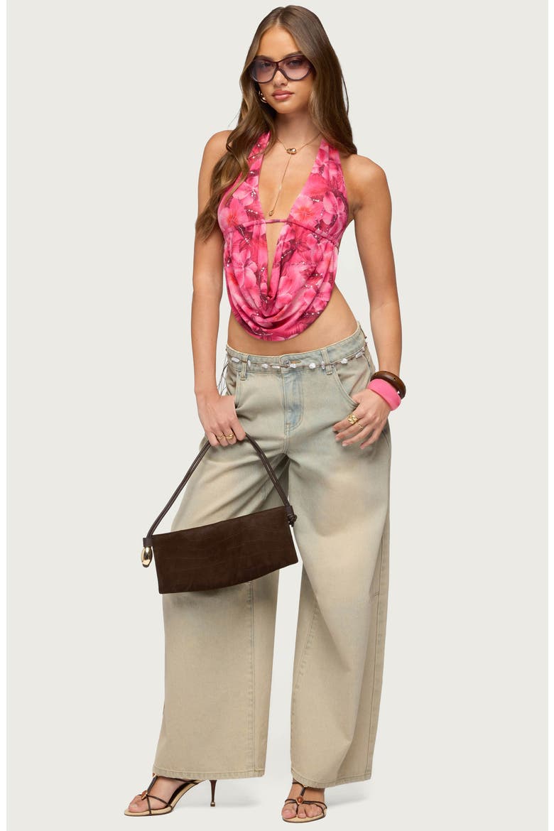 Floral Mesh Cowl Neck Halter Top, Alternate, color, PINK
