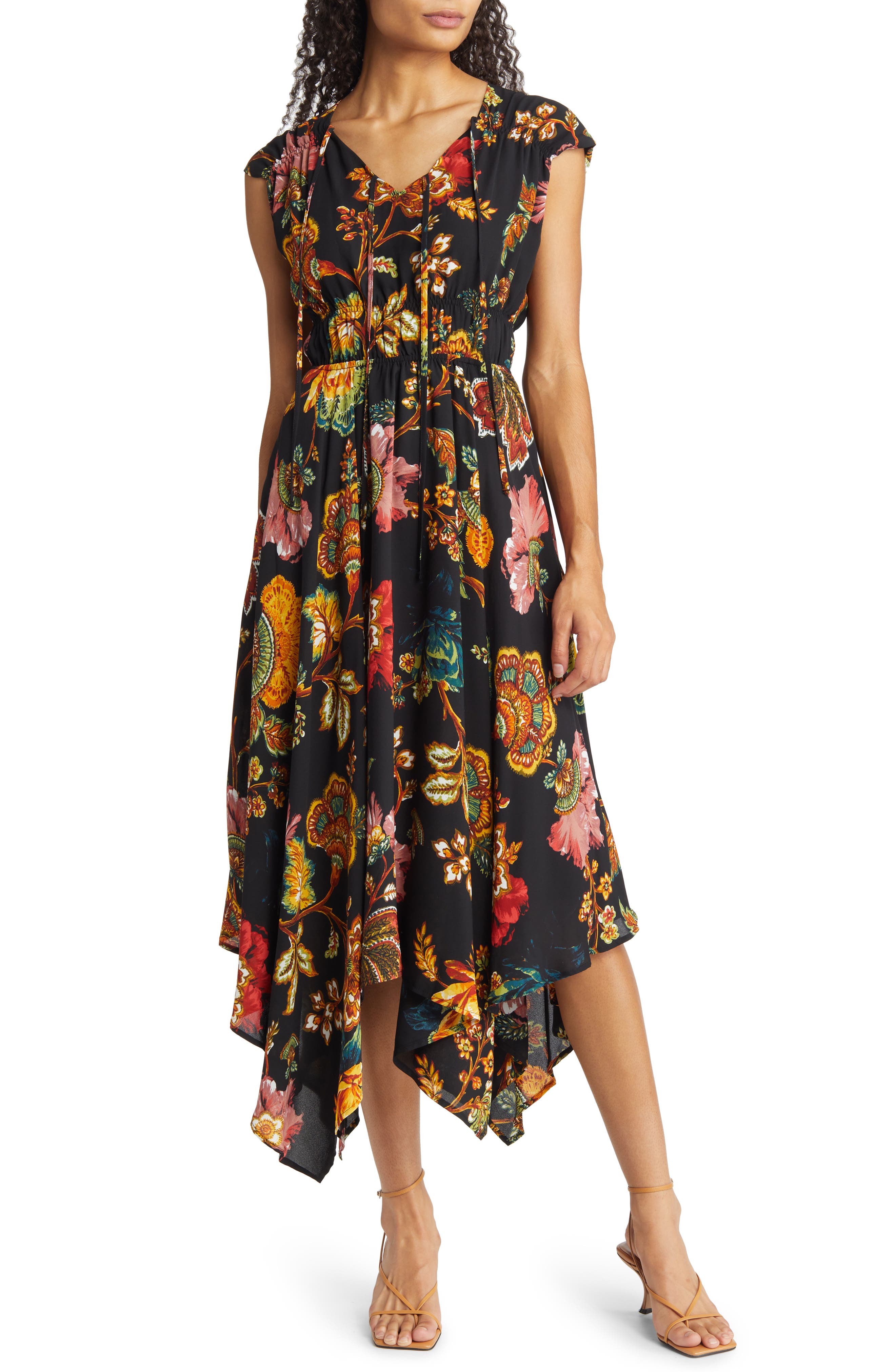 Tahari ASL Floral Ruched Georgette Handkerchief Hem Dress (Women ...