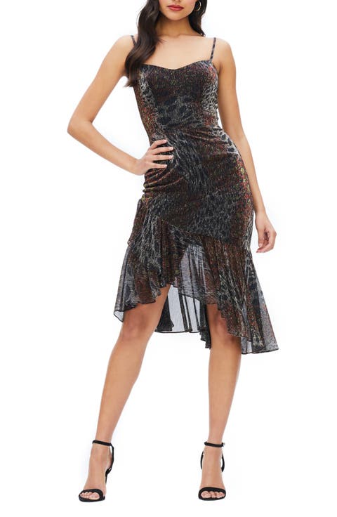 Cantrelle Metallic Asymmetrical Hem Cocktail Dress
