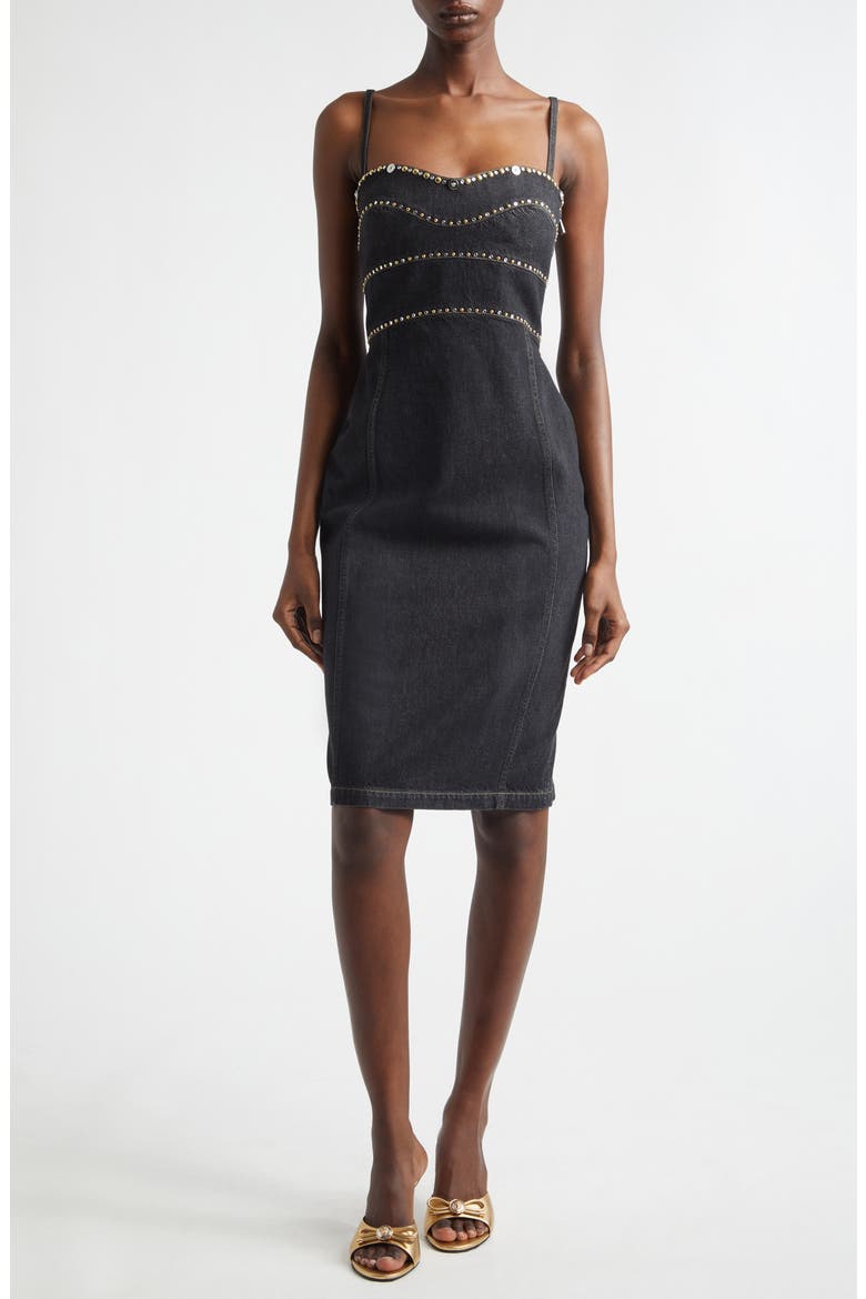 Studded Fitted Denim Dress, Main, color, BLACK