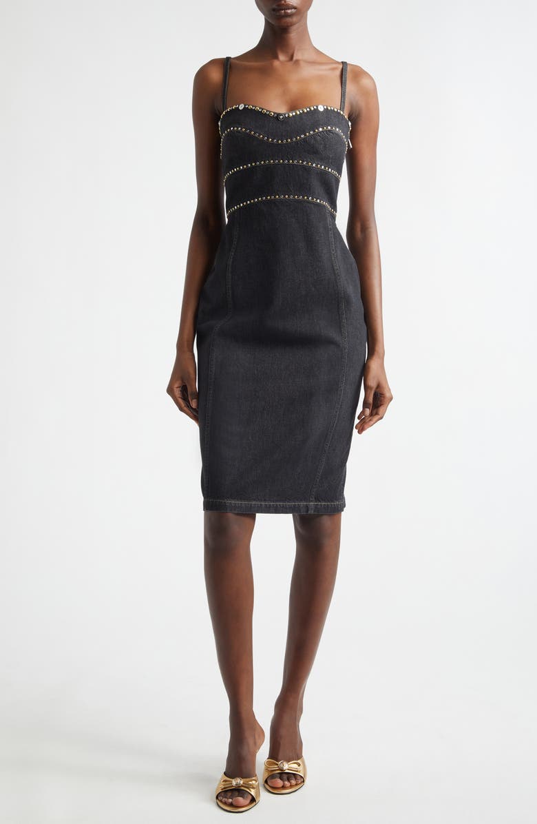 Versace Studded Fitted Denim Dress, Main, color, Black