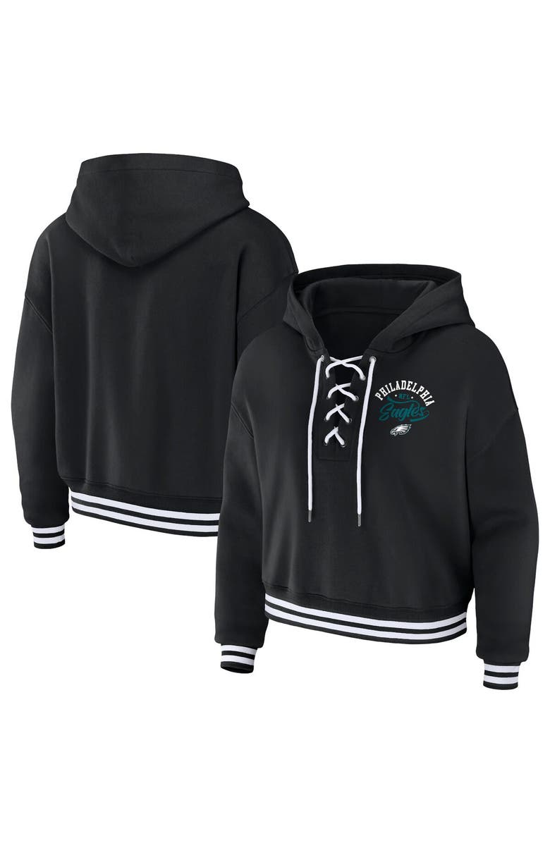 WEAR by Erin Andrews Women's WEAR by Erin Andrews Black Philadelphia Eagles Lace-Up Pullover Hoodie, Main, color, 