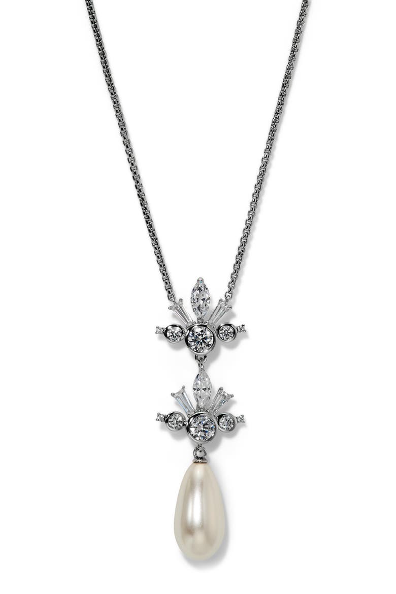 Undersea Imitation Pearl Teardrop Pendant Necklace, Main, color, RHODIUM