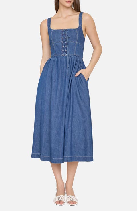Sleeveless Lace-Up Denim Midi Dress