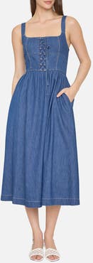 Blu Pepper Sleeveless Lace-Up Denim Midi Dress