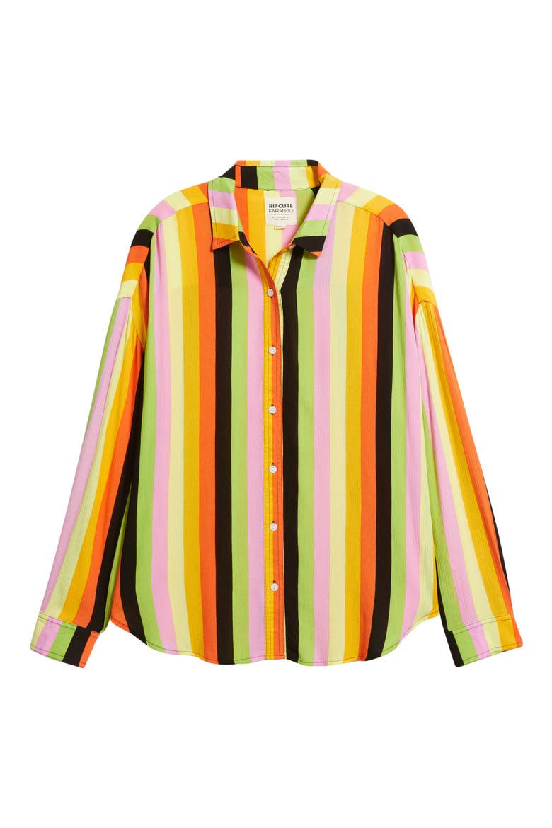 x Farm Rio Neon Stripe Relaxed Button-Up Shirt, Alternate, color, ORANGE MULTI