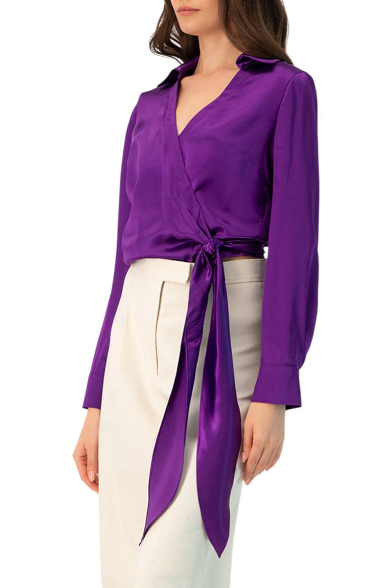 Wrap Satin Blouse with Tie Detail, Alternate, color, Purple