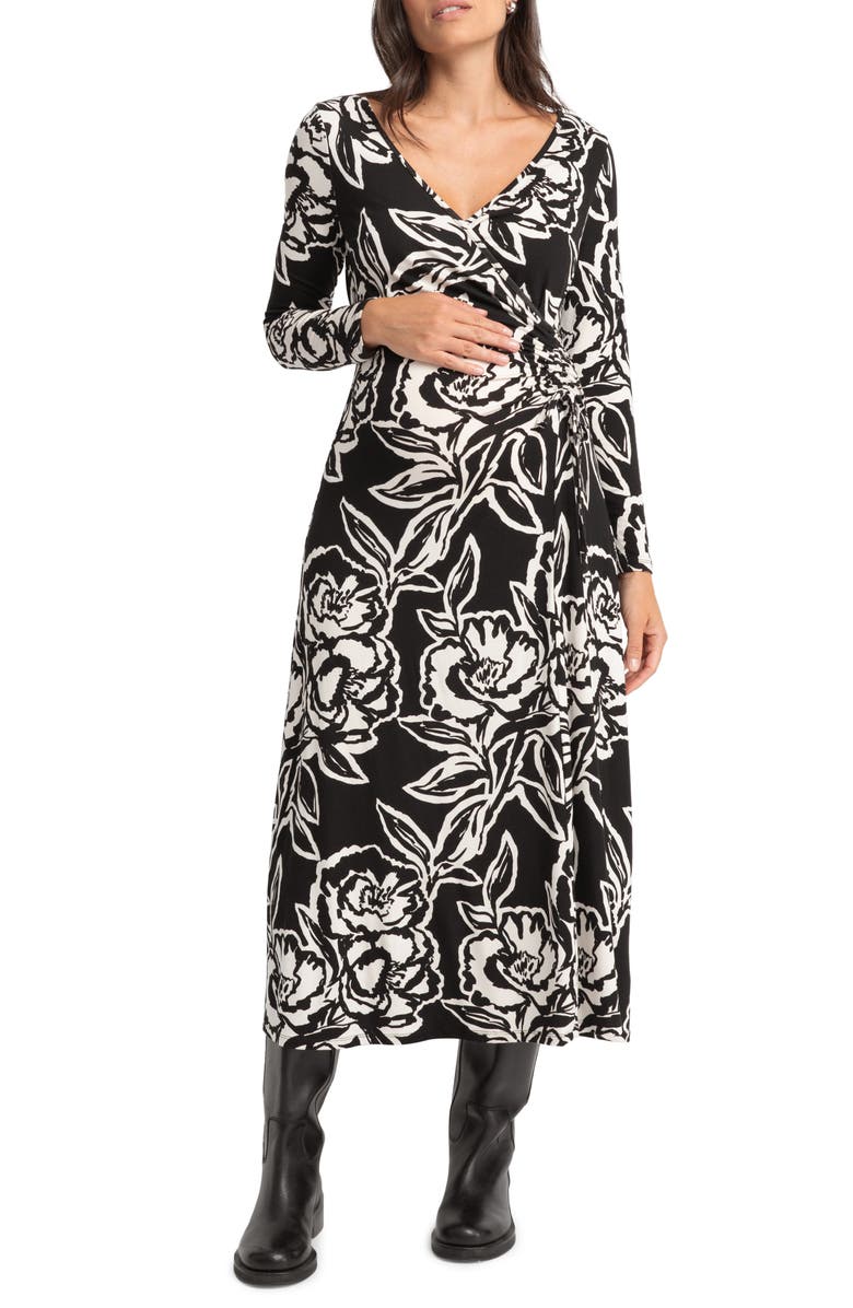 Seraphine Ruched Long Sleeve Maternity Faux Wrap Dress, Main, color, 