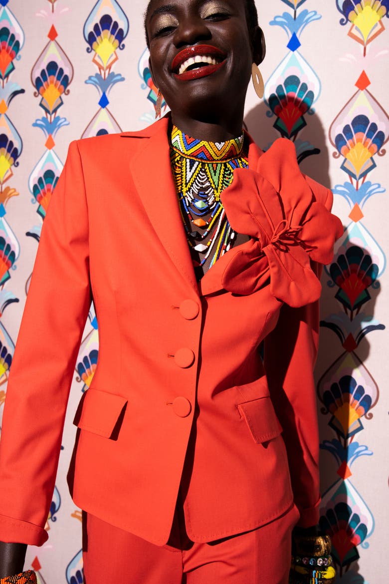 Cool Wool Blazer With Flower Application, Alternate, color, Coral Red