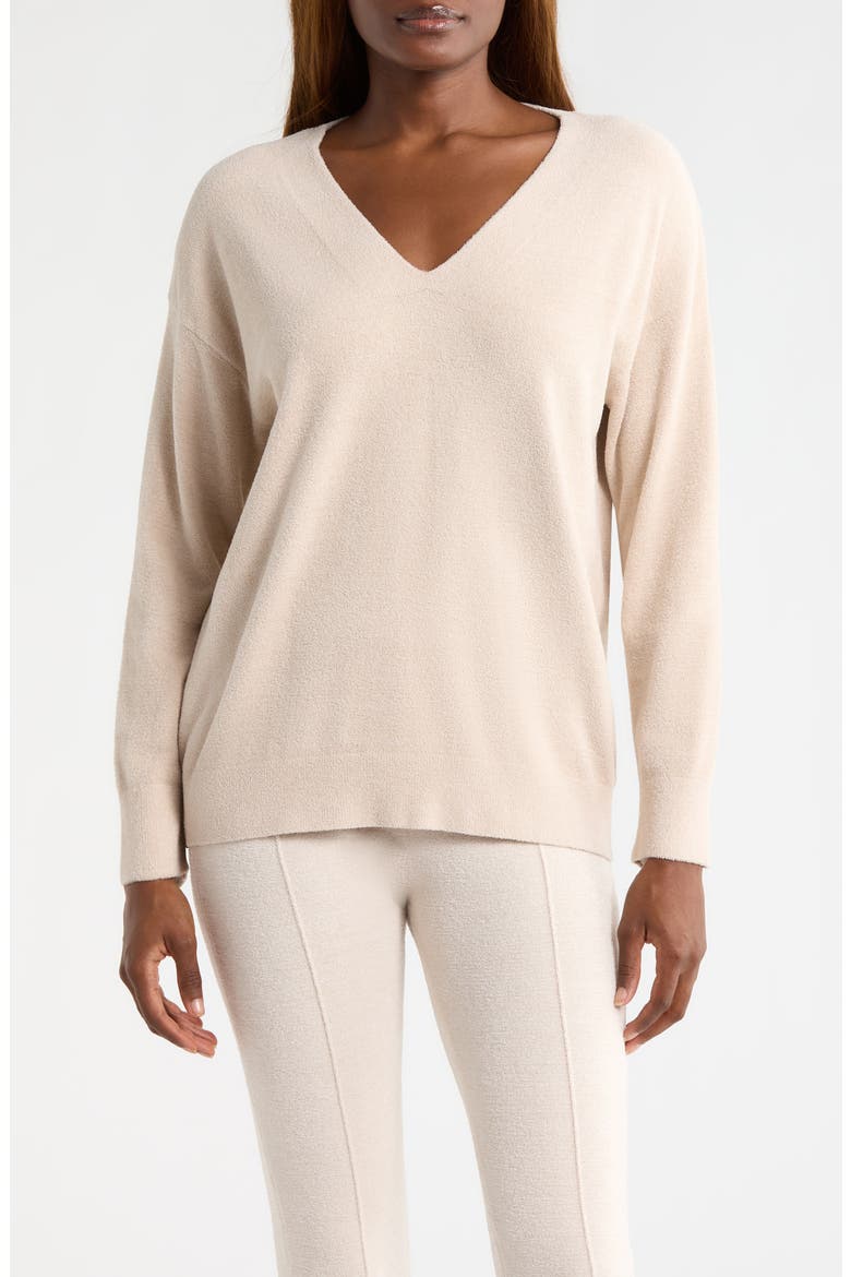 High-Low Hem V-Neck Pajama Pullover Sweater, Main, color, STONE
