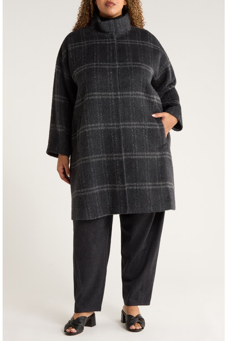 Plaid Stand Collar Alpaca & Wool Blend Coat, Alternate, color, CHARCOAL