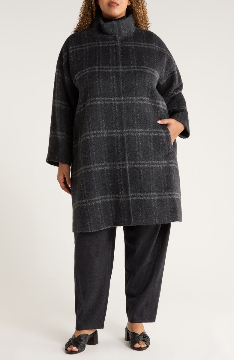 Eileen Fisher Plaid Stand Collar Alpaca & Wool Blend Coat, Alternate, color, Charcoal
