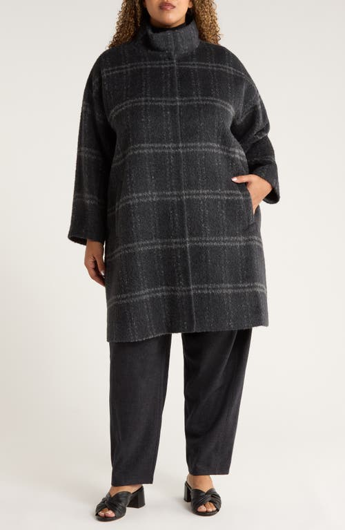 Eileen Fisher Plaid Stand Collar Alpaca & Wool Blend Coat In Blue