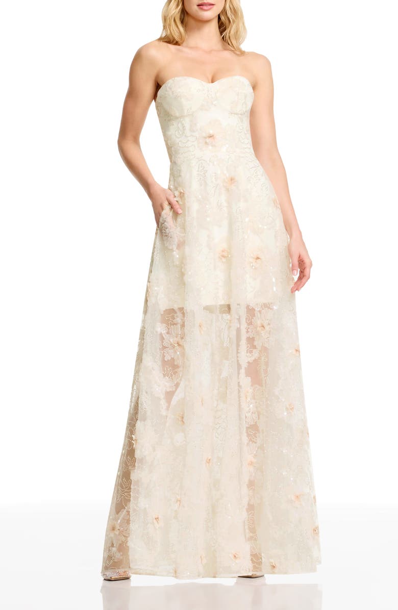 Dress the Population Connor Beaded Floral Strapless Gown, Main, color, White Multi