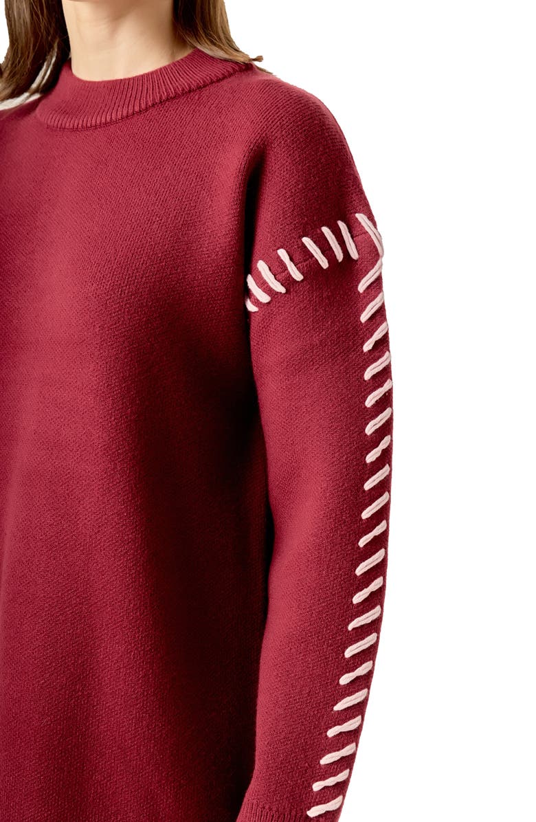 English Factory Whipstitch Long Sleeve Sweater Minidress, Alternate, color, Burgundy/ Pink