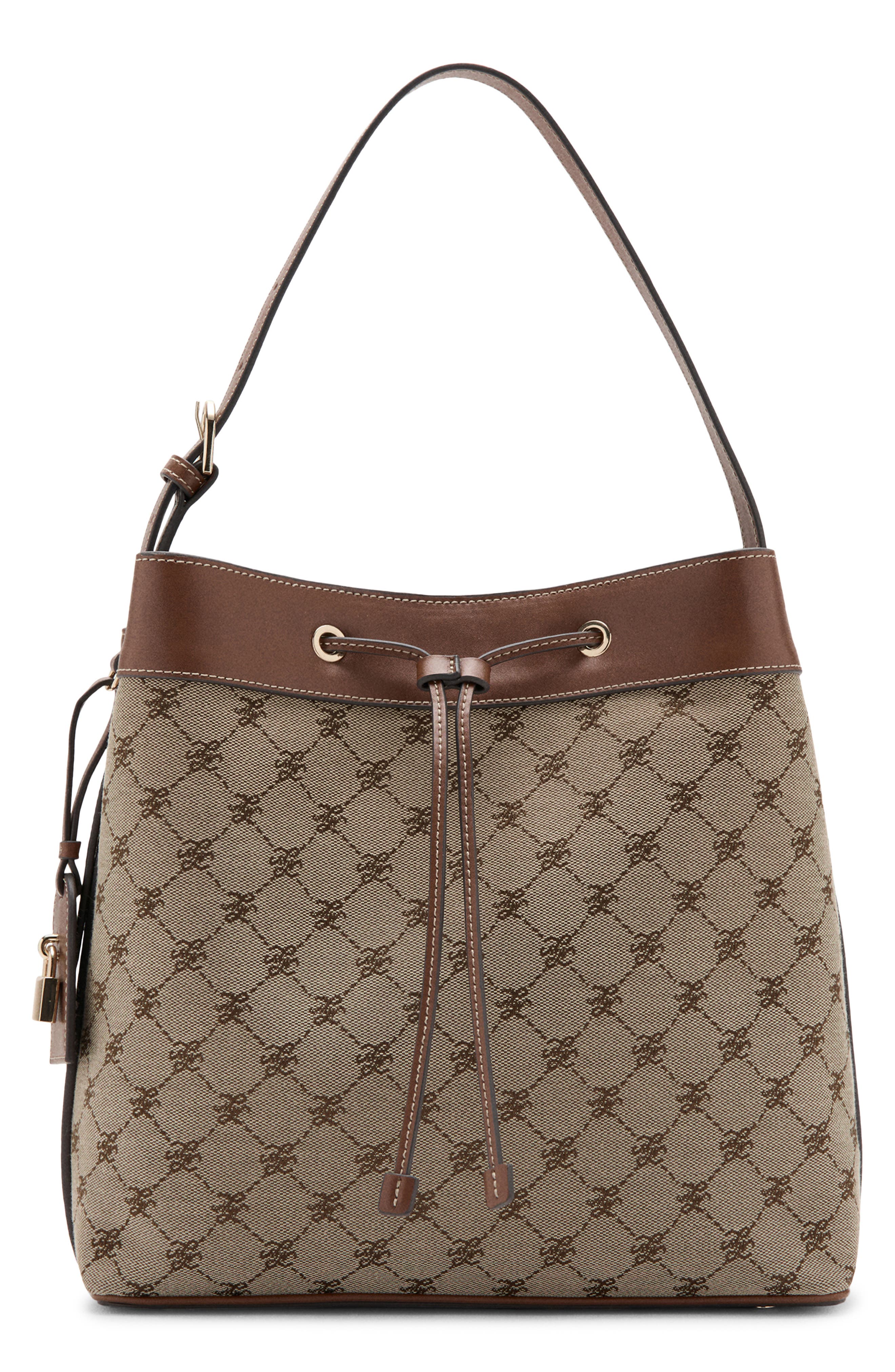 MANGO Logo Jacquard Bucket Bag, Main, color, Faux Leather