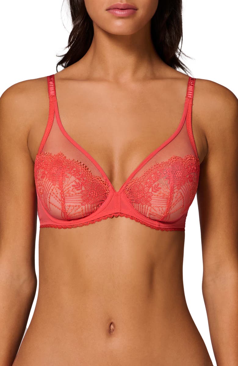 Simone Perele Allure Sheer Plunge Full Coverage Underwire Bra, Main, color, Coralia Red
