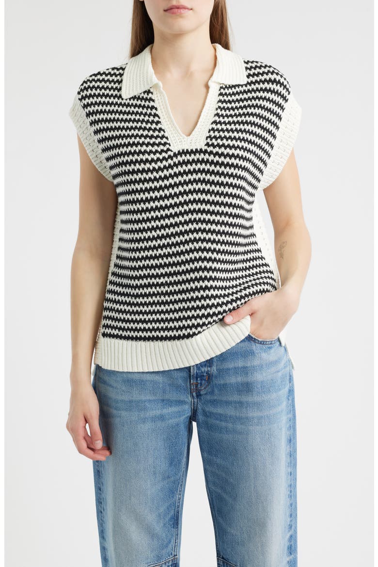 Stripe Sleeveless Johnny Collar Sweater, Main, color, OFF WHITE/ BLACK