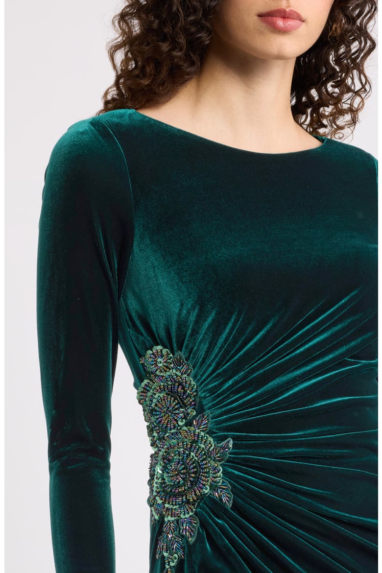 Side Ruched Long Sleeve Velvet Gown, Alternate, color, HUNTER