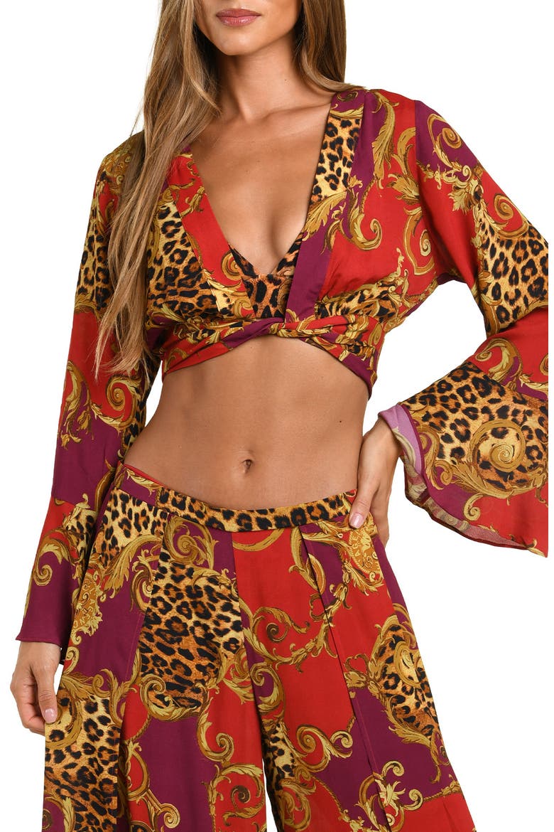 Baroque Leopard Wrap Crop Cover-Up Top, Main, color, ROUGE