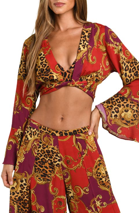 Baroque Leopard Wrap Crop Cover-Up Top
