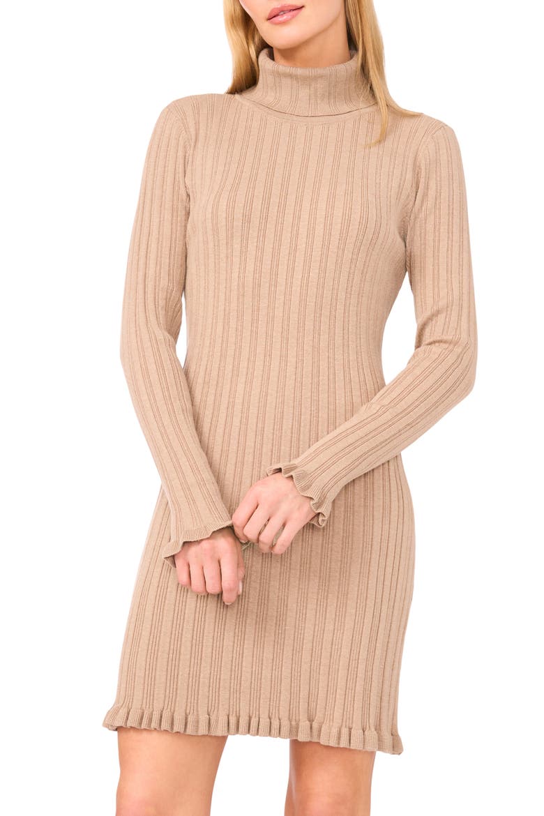 Long Sleeve Rib Turtleneck Sweater Minidress, Alternate, color, CAMEL SUGAR