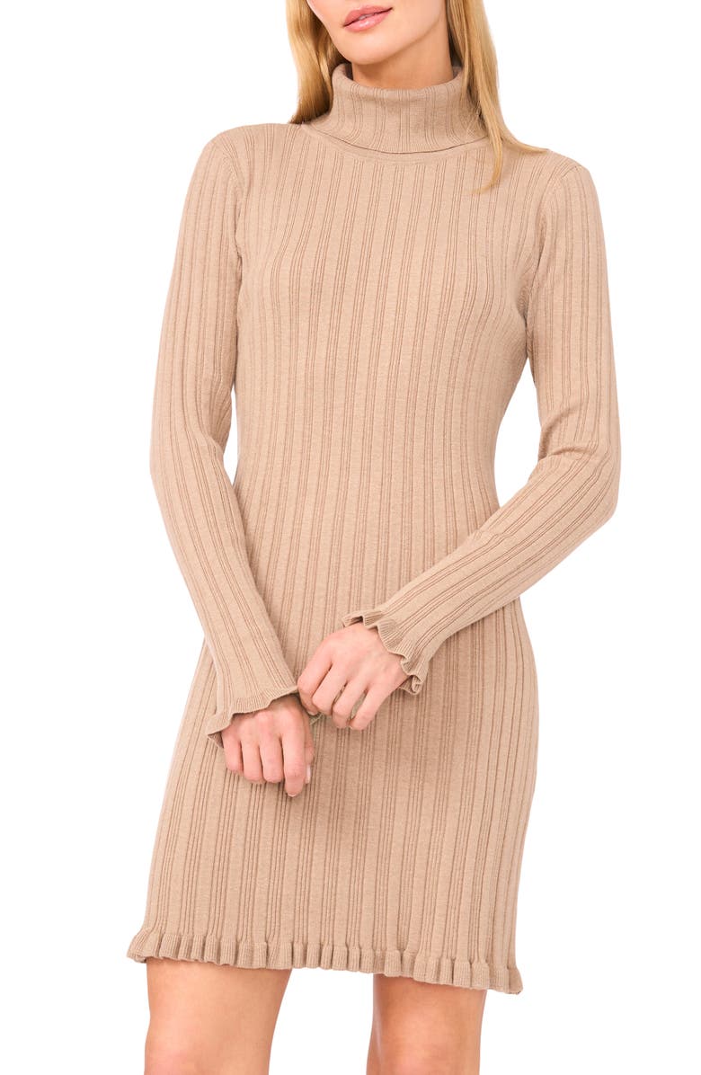 CeCe Long Sleeve Rib Turtleneck Sweater Minidress, Alternate, color, Camel Sugar