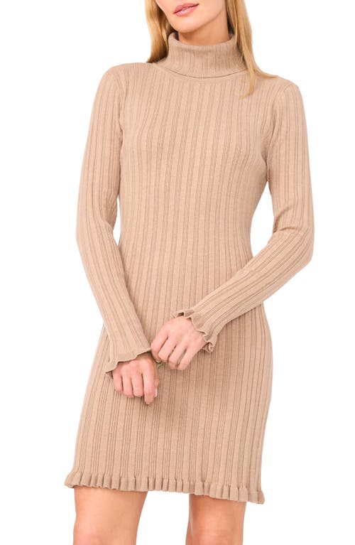 Cece Long Sleeve Rib Turtleneck Sweater Minidress In Brown