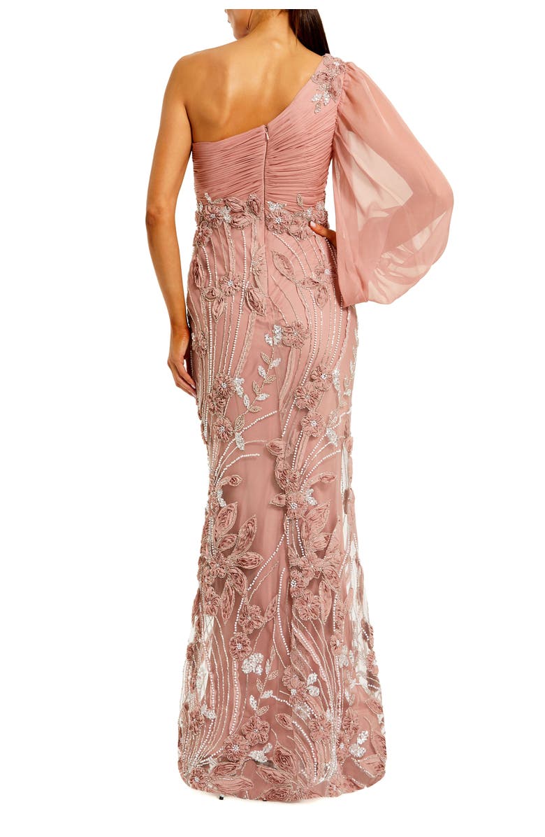 Mac Duggal Chiffon One Sleeve Gown With Embroidered Skirt, Alternate, color, Mocha