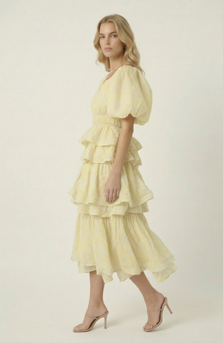 Modenaire Puff Sleeve Tiered Ruffle Midi Dress, Alternate, color, Pale Yellow