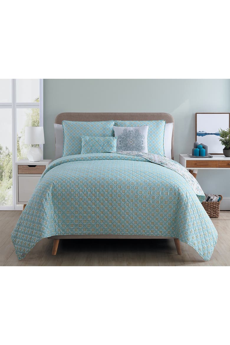 Windsor Reversible Medallion Quilt Set - King, Alternate, color, AQUA