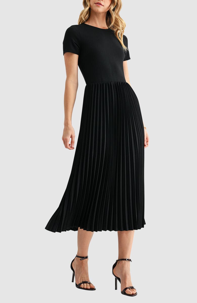 Mila Mae Short Sleeve Pleated Midi Dress, Alternate, color, Black