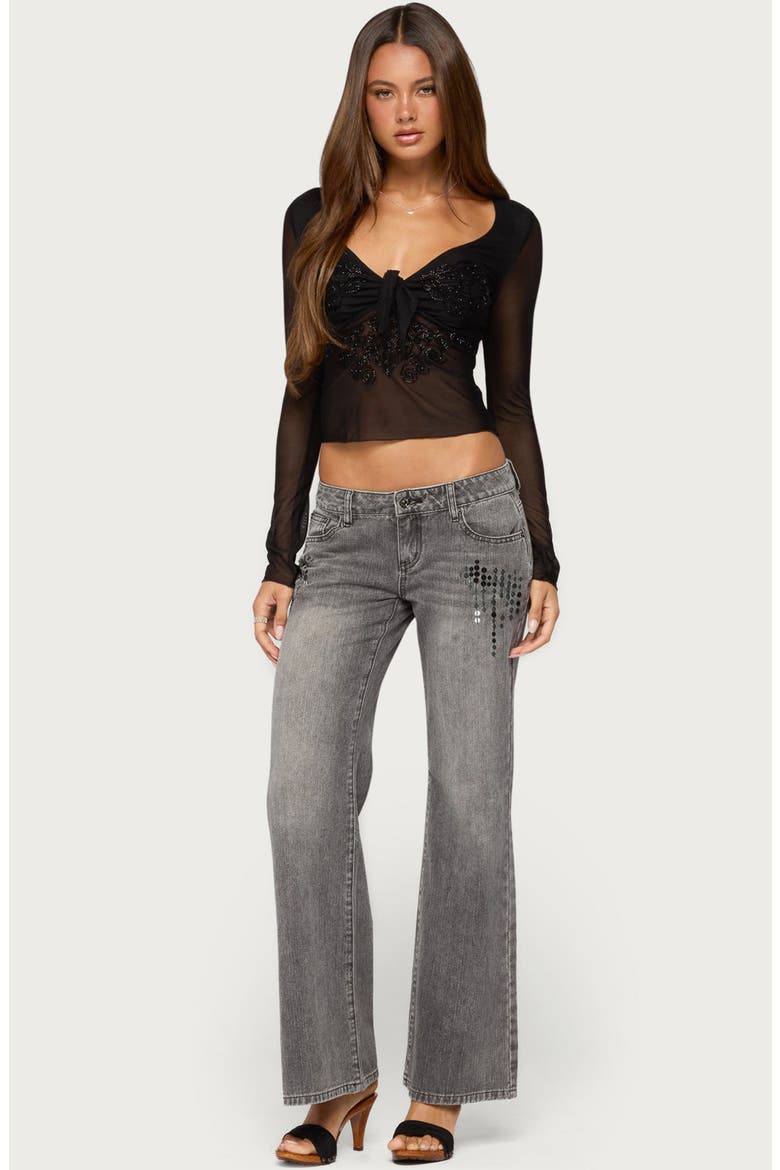 Sarla Beaded Sheer Mesh Tie Top, Alternate, color, BLACK