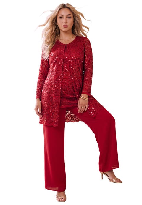 Plus Size 3 Piece Allover Sequin Lace Jacket And Tank Pant Set