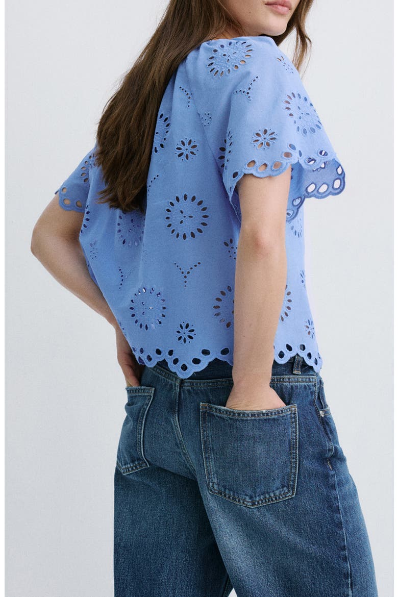 Openwork Embroidered Cotton Button-Up Top, Alternate, color, BLUE