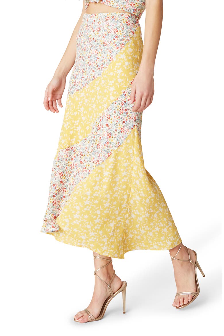 BB Dakota Mixing It Mixed Floral Print Midi Skirt, Alternate, color, LEMON DROP
