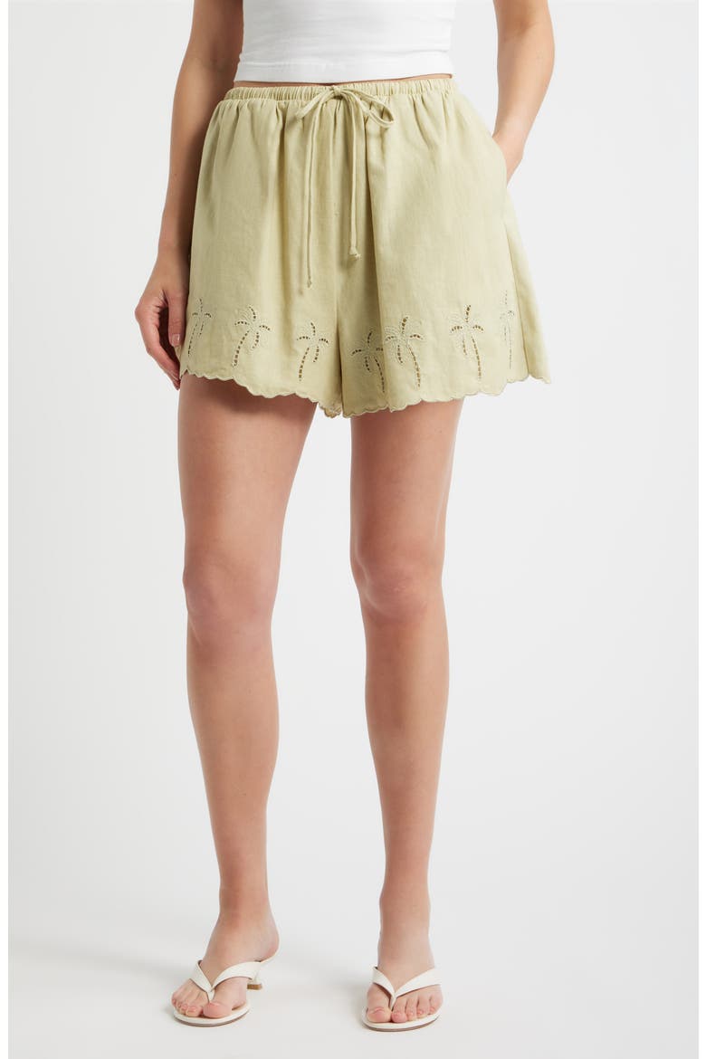 Lia Eyelet Tie Waist Linen & Cotton Shorts, Main, color, SAGE GREEN