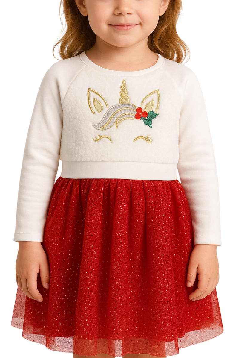 Zunie Kids' Unicorn Embroidered Long Sleeve Plissé Dress, Alternate, color, Cream/ Red