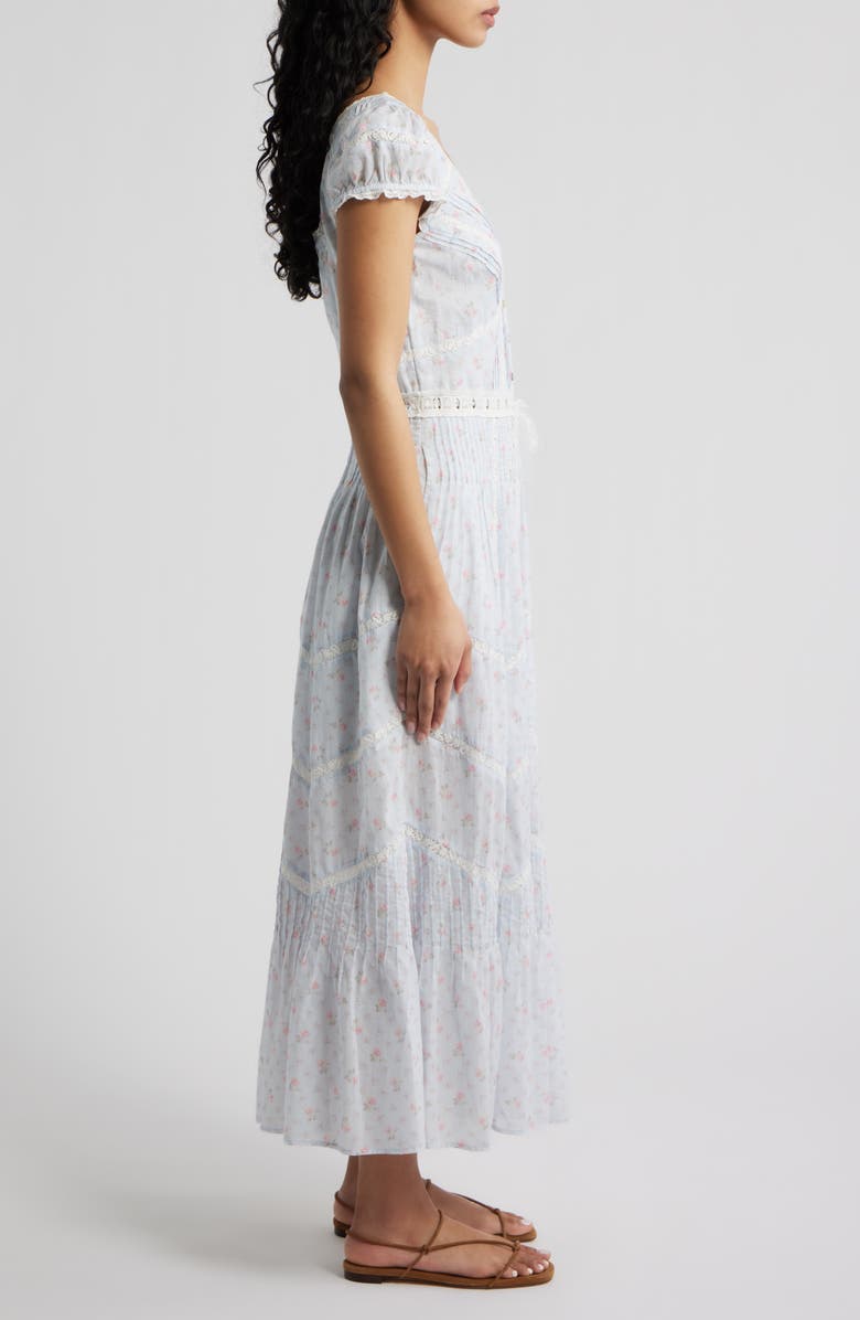 LoveShackFancy Aurela Lace Trim Pintuck Tiered Maxi Dress, Alternate, color, Chapparal Blue